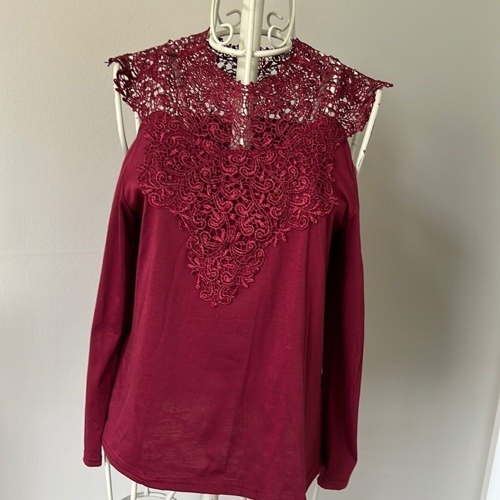 Burgundy open shoulder knit top